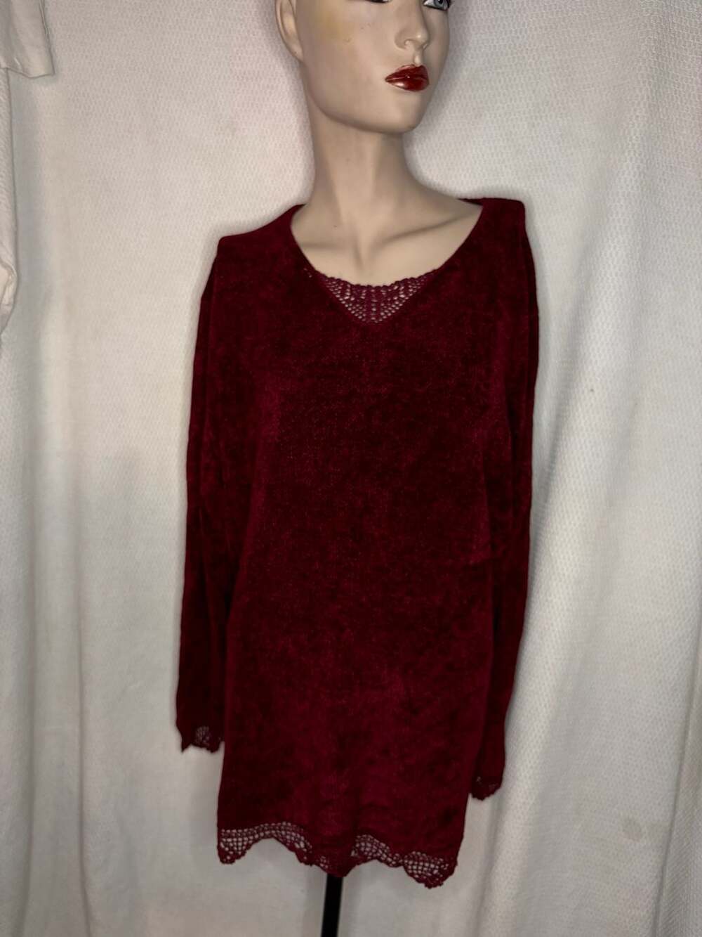Coldwater Creek Sweater Size XL Red Chenille Lace Trim Tunic
